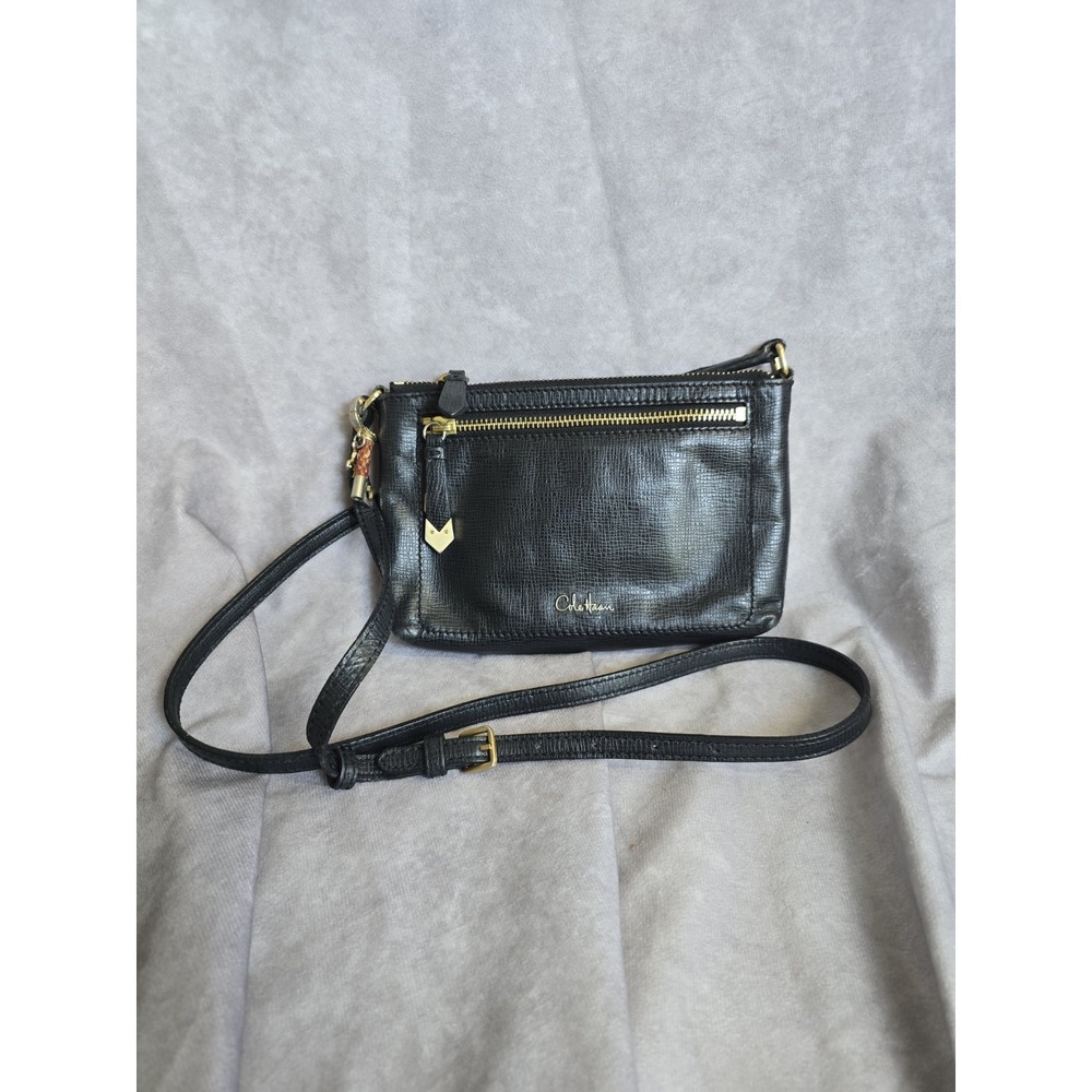 Cole Haan Black Leather Crossbody Bag Gold Hardware Front Zip Pocket Shoulder
